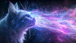Shiny unreal cat emitting violet energy beams from its eyes