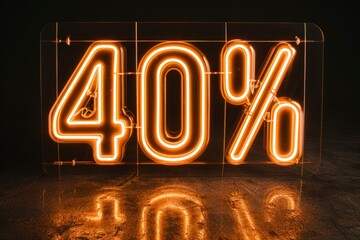 40% off, a large sign with golden numbers lights on black background 