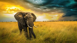 Fototapeta  - Big elephant in savannah, stormy dramatic sky, sunset light