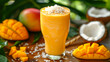 A tropical mango and coconut milk smoothie topped with shredded coconut. Healthy drink.