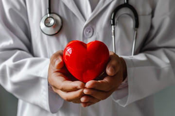 Wall Mural - Cardiologist doctor holding a red heart in his hands.