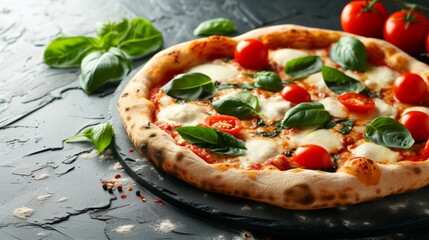 Wall Mural - A traditional margherita pizza with a blistered crust, tomatoes, basil, and mozzarella