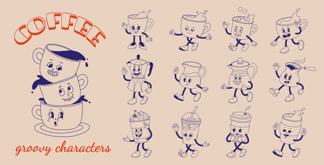 Wall Mural - Retro groovy set with coffee mascot, cartoon characters, funny colorful doodle style characters, cappuccino, cocoa, latte, espresso and americano. Vector illustration on beige isolated background.