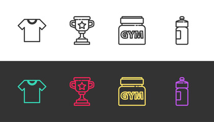 Wall Mural - Set line T-shirt, Award cup, Sports nutrition and Fitness shaker on black and white. Vector