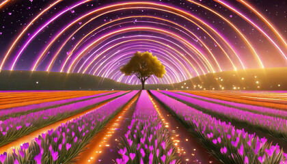 Wall Mural - glowing pink neon tulips with tree in the field