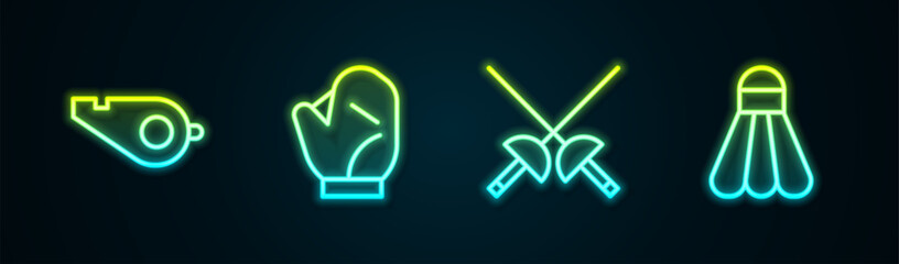 Sticker - Set line Whistle, Baseball glove, Fencing and Badminton shuttlecock. Glowing neon icon. Vector