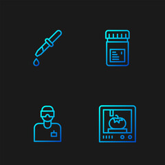 Sticker - Set line 3D printing technology, Laboratory assistant, Pipette and Jar with additives. Gradient color icons. Vector