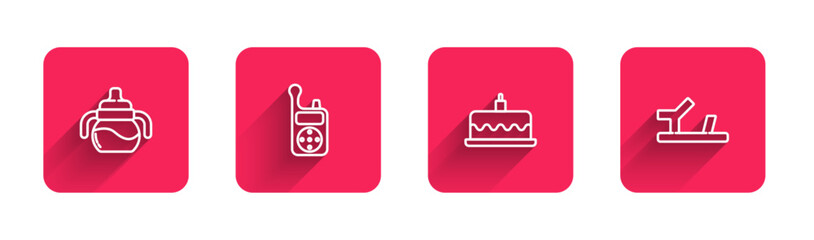 Poster - Set line Baby bottle, Monitor Walkie Talkie, Cake with burning candles and shoes with long shadow. Red square button. Vector