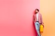 A man in a stylish pink jacket and glasses leans on the wall holding a yellow fire extinguisher, on a two-color background.
Concept: safety and fire prevention, promotions promoting responsibility wit