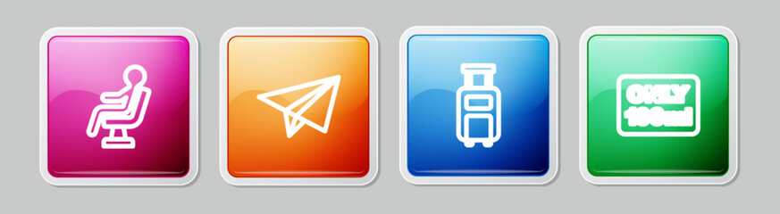 Sticker - Set line Human waiting in airport terminal, Paper airplane, Suitcase and Liquids carry-on baggage. Colorful square button. Vector