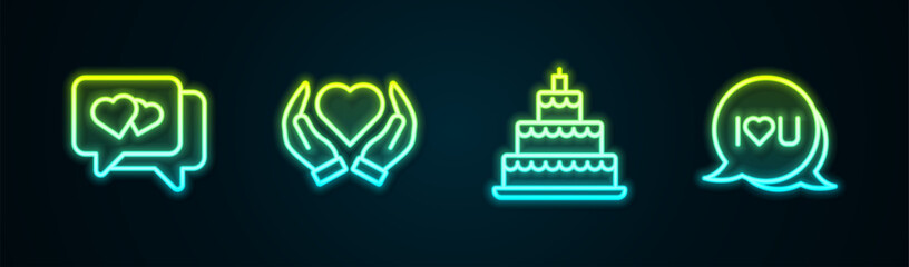 Sticker - Set line Heart in speech bubble, hand, Wedding cake and Speech text I love you. Glowing neon icon. Vector