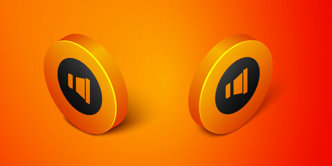 Wall Mural - Isometric Speaker volume, audio voice sound symbol, media music icon isolated on orange background. Orange circle button. Vector