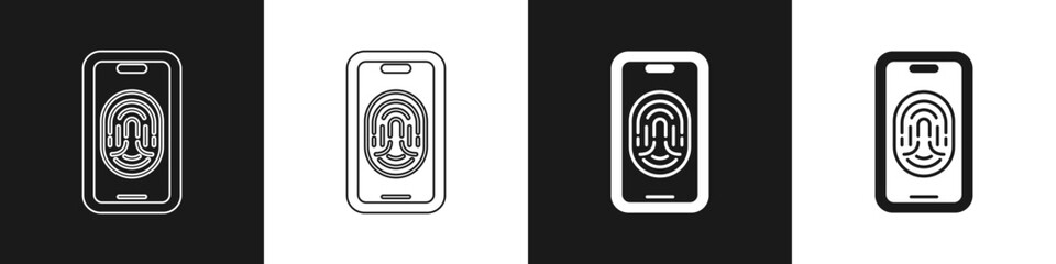 Poster - Set Smartphone with fingerprint scanner icon isolated on black and white background. Concept of security, personal access via finger on mobile. Vector