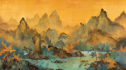 Sticker - The Song Dynasty style Chinese ink painting depicts a thousand miles of rivers and mountains.