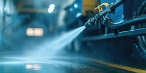 High-Pressure Cleaning Equipment in Action. Close-up of high-pressure deep water cleaning hose.