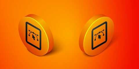 Isometric Computer display with vector design program icon isolated on isolated on orange background. Photo editor software with user interface. Orange circle button. Vector