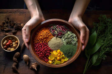 Wall Mural - Hands holding a bowl with a fresh spices and herbs