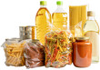 Foodstuff for donation, storage and delivery on white background with clipping path. Various food, pasta, cooking oil and canned food.