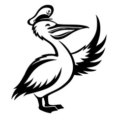 Poster - Pelican bird in a captain's cap with a wing on a white background.