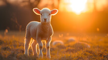 A Cute Little Lamb In The Sunset In A Field
