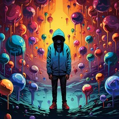 a hoodie man standing in front of colorful balls art style