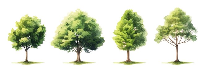 Artistic illustration of diverse trees set against pristine white background encapsulating beauty of nature and environmental growth collection of tree drawings from leafy oaks to pine branches