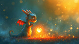 Cute digital coloring dragon with a heart and light.