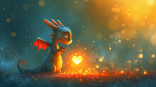 Cute Digital Coloring Dragon With A Heart And Light.