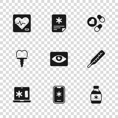 Sticker - Set Emergency call 911, Medical thermometer, Bottle of medicine syrup, Red eye effect, Medicine pill or tablet, Heart rate, Patient record and Dental implant icon. Vector