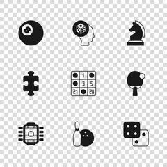 Poster - Set Bowling pin and ball, Racket, Game dice, Bingo card, Chess, Billiard pool snooker, and Puzzle pieces toy icon. Vector