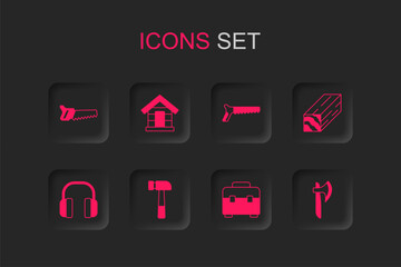 Wall Mural - Set Hammer, Dog house, Hand saw, Toolbox, Wooden beam, axe, and Headphones icon. Vector