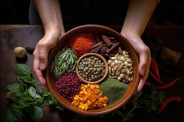 Wall Mural - Hands holding a bowl with a fresh spices and herbs