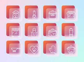 Sticker - Set line Oven, Chef hat, Cooking pot, glove, Kitchen apron, Slow cooker, Scales and Pizza knife icon. Vector