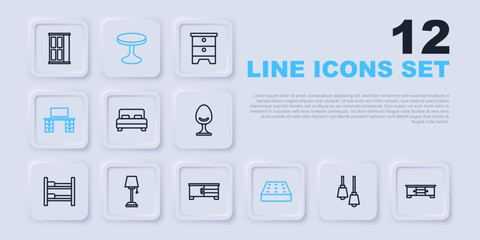 Poster - Set line Lamp hanging, TV table stand, Big bed, Mattress, Office desk, Floor lamp, Round and icon. Vector