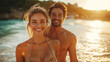 Couple :  Lover walk on beach and bikini , happy and together for vacation with love in summer sunshine. Woman, man and smile by waves, sea and sand with portrait in nature for adventure on vacation.