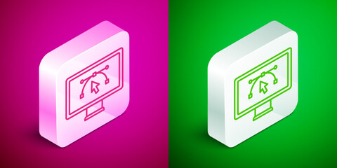 Isometric line Computer display with vector design program icon isolated on isolated on pink and green background. Photo editor software with user interface. Silver square button. Vector