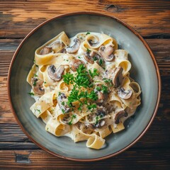 Poster - Creamy Mushroom pasta chicken with cream sauce and parsley on plate a wooden table. AI generated