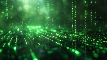 A matrix of neon green characters on a dark tech backdrop evokes a digital world