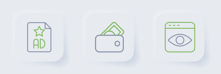 Sticker - Set line Personal information collection, Wallet with money and Advertising icon. Vector