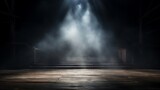 Fototapeta  - Dramatic wooden stage lit by a single beam of light piercing through fog