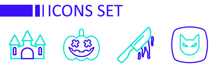 Sticker - Set line Black cat, Bloody knife, Pumpkin and Castle icon. Vector