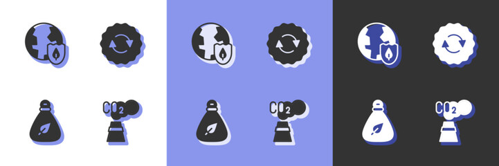 Sticker - Set CO2 emissions in cloud, Earth with shield, Garbage bag and Recycle symbol icon. Vector