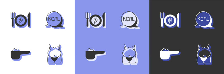 Poster - Set Obesity, Vegan food diet, Sports nutrition proteine and Kcal icon. Vector