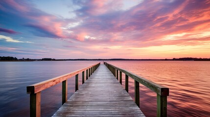 Wall Mural - Seaside wooden pier at sunset, calm water, soft warm hues, reflective and still