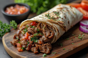 Poster - Savory Grilled Chicken Burritos Shawarma Served on a Wooden Platter in a Rustic Kitchen Setting