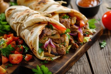 Poster - Savory Grilled Chicken Burritos Shawarma Served on a Wooden Platter in a Rustic Kitchen Setting