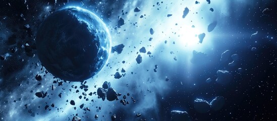 Wall Mural - pandora encircled by asteroid belt and destroyed planet debris. blue protoplanet in vast universe. 3