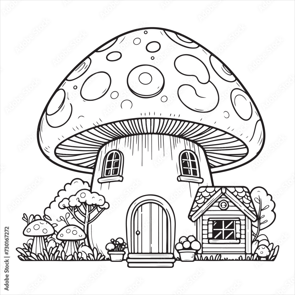 mushroom house coloring page vector illustration for kids Stock Vector ...