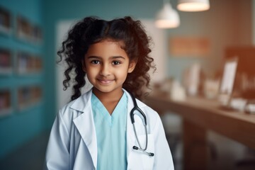 Wall Mural - Happy indian child girl medical assistant in clinic. Nurse in uniform doctor at hospital