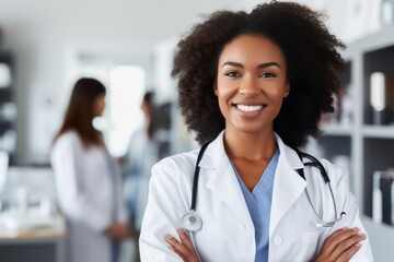 Wall Mural - Happy african american woman medical assistant in clinic. Nurse in uniform doctor at hospital